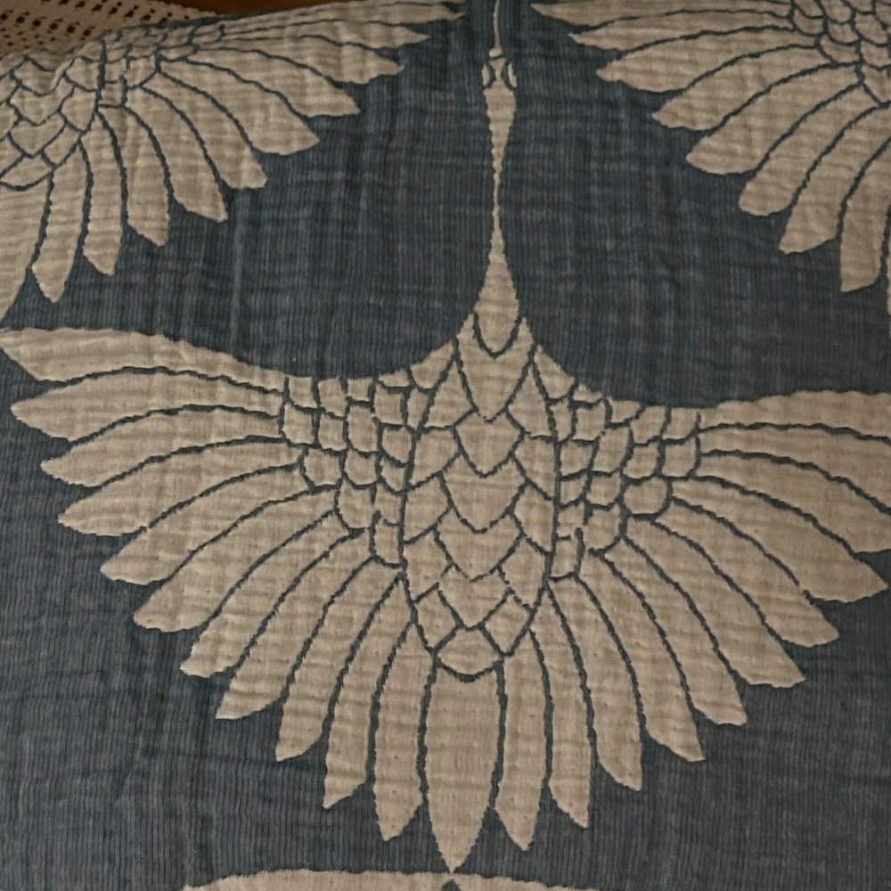 KING Luxury Bedspread Organic Muslin Quilted Crinkle  2 Side FLiPSiDE Teal Crane - Picture 14 of 15